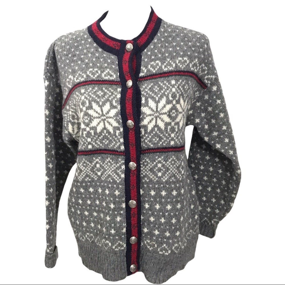 LL Bean Made In USA Vintage Wool Snowflake Button Cardigan Sweater Womens Medium - Picture 3 of 10